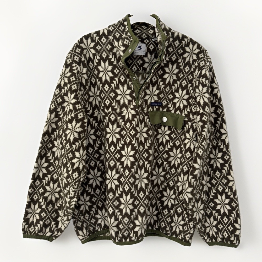Southern Proper Snowflake Fair Isle Fleece Pullover 1/4 Snap Sz S Green White